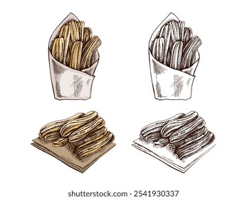 Conjunto de churos dibujados a mano en estilo sketch. Antiguas dibujo de postre mexicano. Ilustración de comida de contorno de tinta negra de Vector. Comida mexicana, cocina. Una ilustración para el menú. Latina América.