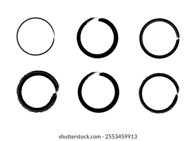Hand-drawn set of circle ink brush strokes illustrating the Zen enso, symbol of Buddhism. Includes rough-edged frames and doodle-like designs.
