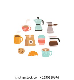 Hand-drawn set of coffee elements. Isolated illustration on a white background.
