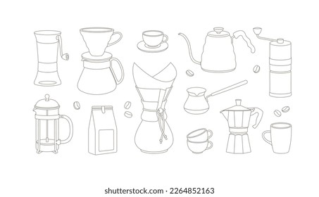 Handgezeichnete Kaffeemaschine und Werkzeuge zum Kaffeehaus. Line Art. Vektorgrafik für Café, Café, Restaurant.