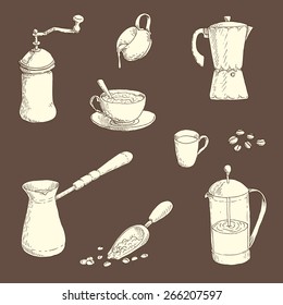 Hand-drawn set of the coffee utensils