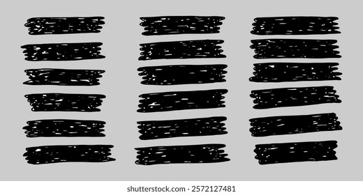 Hand-drawn set collection of black and white rectangular scribbles text frames.
