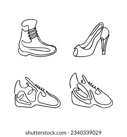 Hand-drawn set collection cartoon doodle line art of different types of shoes footwear.