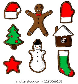 Hand-drawn set of colorful christmas cookie. Vector cartoon doodles. Isolated objects on a white background. Gingerbreads.