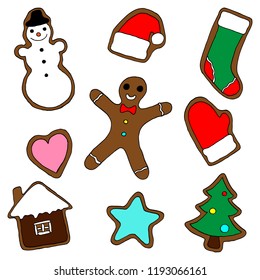 Hand-drawn set of colorful christmas cookie. Vector cartoon doodles. Isolated objects on a white background. Gingerbreads.