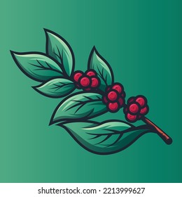 Hand-drawn set of colorful coffee tree branches and beans. Vector illustration in vintage style