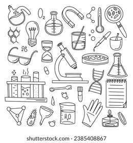 A hand-drawn set for completing tests and experiments in chemistry and biology. Vector illustration for your design