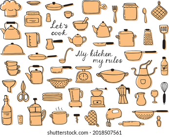 Hand-drawn set of cooking elements. Doodle sketch style. Bakery element is drawn by digital brush-pen. Illustration for icon, menu, recipe design.