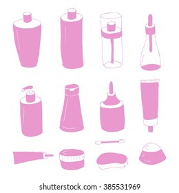 Handdrawn Set of Cosmetic Bottles and Jars. Design Elements
