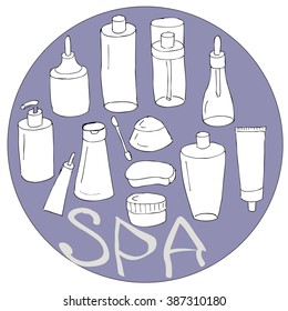 Handdrawn Set of Cosmetic Bottles and Jars. Design Elements in Circle, suitable for advertising.