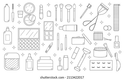 Hand-drawn set of cosmetics and cosmetic products for face and nails care.