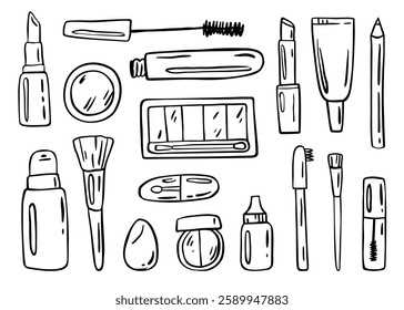 Hand-drawn set of cosmetics. Simple line illustrations of beauty products. Vector doodle design elements on white background