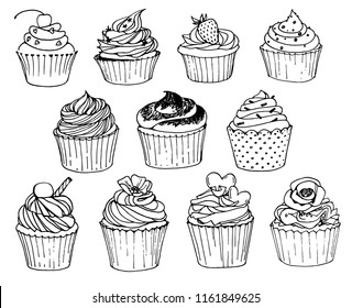 Hand-drawn set with cupcakes on white background. Black-white
vector illustration.