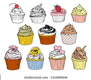 Hand-drawn set with cupcakes on white background. Vector illustration.