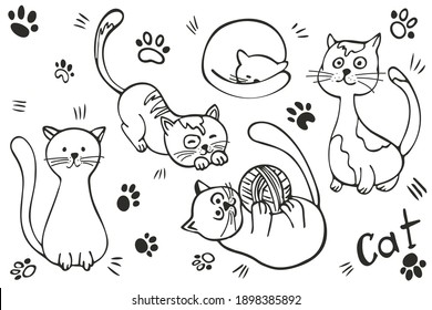 Hand-drawn set of cute cats. Vector illustration isolated on white background.