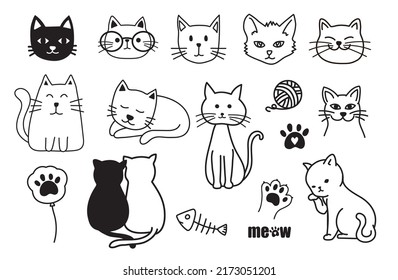 Hand-drawn set of cute cats. Vector illustration isolated on white background.