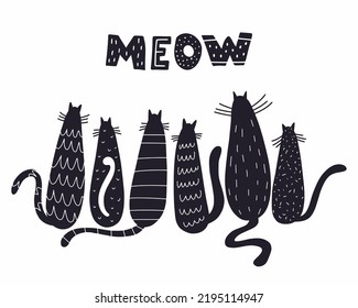 A hand-drawn set of cute cats. Vector illustration of pets drawn in the style of doodles.