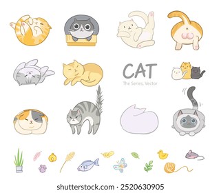 Hand-drawn set of cute, chubby, and playful cartoon cats in various poses—sleeping, playing, hissing. Bright and colorful, perfect for stickers, fabric patterns, decorative designs, and illustrations