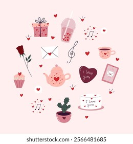 Hand-drawn set of cute Valentines day elements. Cute love stickers set for daily planner and diary.