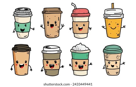 Hand-drawn set of delightful iced coffee cups, adorned with radiant smiles and expressions of joy, exuding charm and happiness