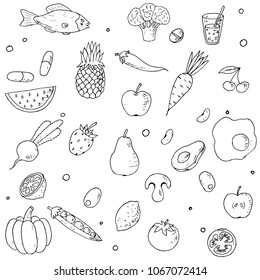 Hand-drawn set of diet food. Vector doodles. Sketches on a white background.