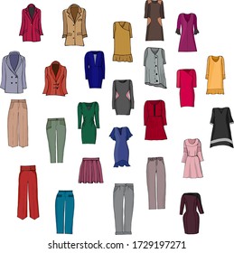 hand-drawn set of different women’s fashion clothes from sweaters, dresses, trousers, jackets