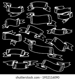 un conjunto de cintas diferentes dibujadas a mano con una textura de volumen de estilo doodle. Diseñar elementos de tarjetas de felicitación, banners, invitaciones. Esbozo, ilustración vectorial. elementos aislados en blanco vintage diversos 