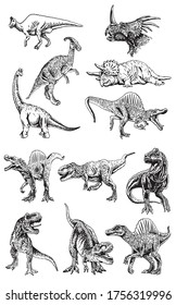 Hand-drawn set of dinosaurs isolated on white background, vector illustration , elements for design , tattoo and printing