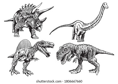 Hand-drawn set of  dinosaurs isolated on white, vector illustration
