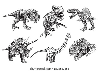 Hand-drawn set of  dinosaurs isolated on white,  illustration