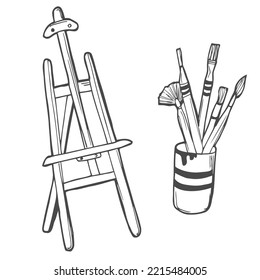 Hand-drawn set of doodle easel and cup with brushes. Vector Icons