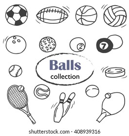 Hand-drawn set with the doodle icons of the different balls: football, basketball, golf, billiard, bowling and other. Line art  illustrations.
