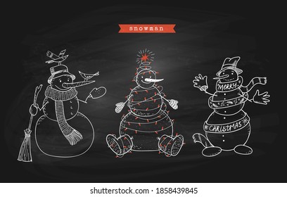 Hand-drawn set of doodle snowmen wrapped in a herringbone garland, with birds, long scarf and gloves. Set of winter theme on black chalkboard. Vector stock illustration isolated on white background.
