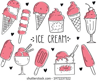 Hand-drawn set of doodles with different ice cream types: ice cream waffle cone, cup ice cream, popsicle, sundae. Sketch style vector illustration for cafe menu, card, birthday card decoration.