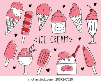 Hand-drawn set of doodles with different ice cream types: ice cream waffle cone, cup ice cream, popsicle, sundae. Sketch style vector illustration for cafe menu, card, birthday card decoration.