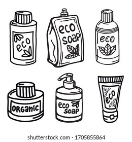 a hand-drawn set of eco-friendly cosmetics isolated on a white background. Vector illustration in the Doodle style.