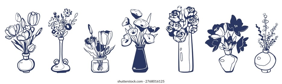 Hand-drawn set of elegant vases with spring flowers isolated on white background. Vector illustration of doodle ink floral design, beautiful bunch of tulips and roses in jar, aesthetic poster elements