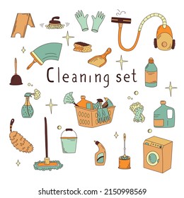 Hand-drawn set with elements of cleaning products. Vacuum cleaner, mops, gloves, rags and more in the doodle style.