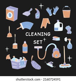 Hand-drawn set with elements of cleaning products. Vacuum cleaner, mops, gloves, rags and more in the doodle style.