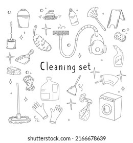 Hand-drawn set with elements of cleaning products. Vacuum cleaner, mops, gloves, rags and more in the doodle style.