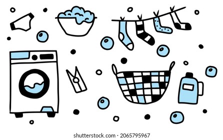 Hand-drawn set of elements for home washing.Laundry icon set.