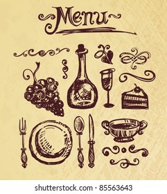 Hand-drawn set of elements for menu decorating