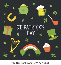 Handdrawn set of elements for st patricks day. Pot of gold,rainbow,hat,harp,wooden pipe,horseshoe etc