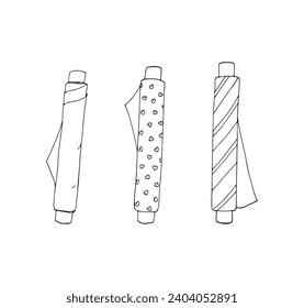 Hand-drawn set of fabric rolls. Sewing textile, and clothing production. Folded fabrics in line icon style, blanket, sheet. Fabric rolls are lying in the stack.