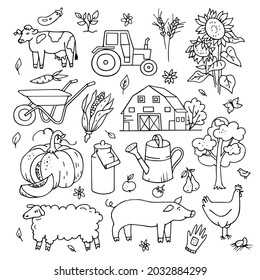 Hand-drawn Set Of Farm Chicken, Pig, Pumpkin, Tractor, Barn, Tree, Cow. Isolated Vector Doodle Illustration.
