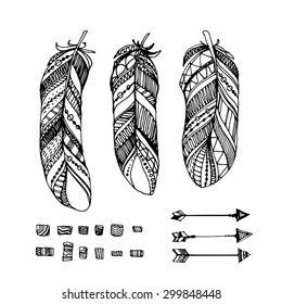 hand-drawn set feather and arrows