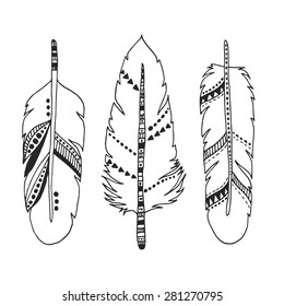 Handdrawn set of feathers isolated on white background. Vector tribal, ethnic, aztec, hipster style