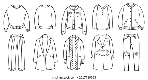 Hand-drawn set of female clothes for spring and autumn. Doodle women garment items isolated on the white background