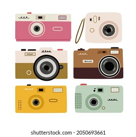 Hand-drawn set of film photo cameras. Retro, vintage camera, photographer tool, photo tool. Back to the 80s - 90s. Colorful flat vector illustration isolated on white background.
