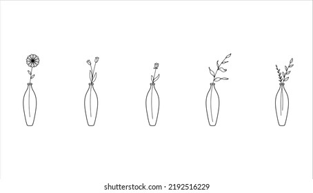 Hand-drawn Set of Flower in Vase Bottle Line Art Illustrations 
